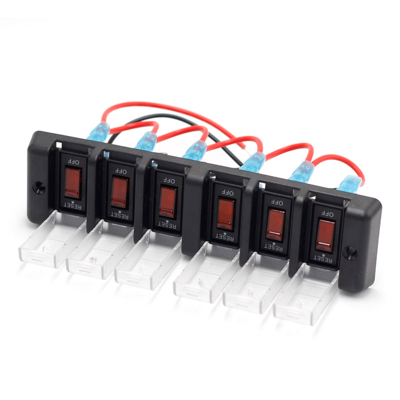 DC 12V 16A 6 Gang Waterproof Rocker Toggle Switch Panel with Red LED & Circuit Breaker