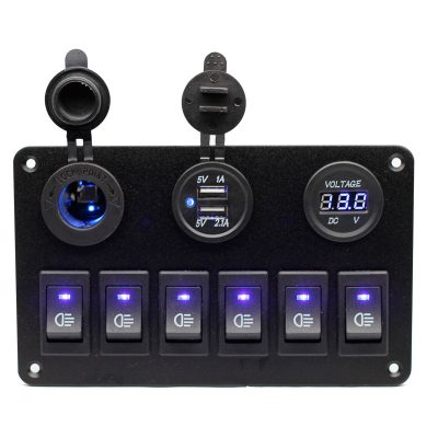 6 Gang Blue Rocker Switch Panel Circuit Breaker 3.1A car USB charger LED voltmeter Cigarette lighter Waterproof Car Marine Boat
