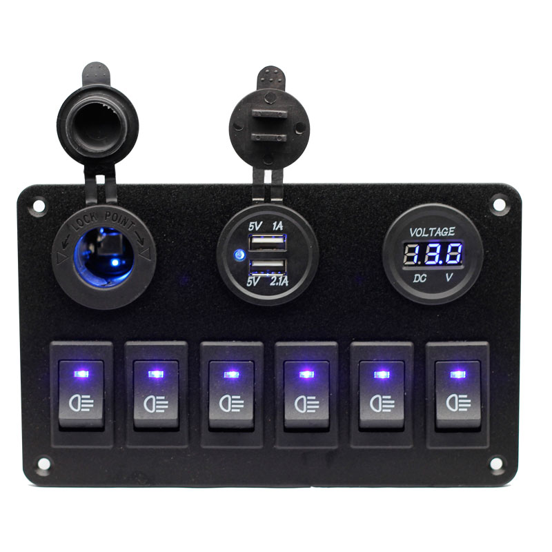 6 Gang Blue Rocker Switch Panel Circuit Breaker 3.1A car USB charger LED voltmeter Cigarette lighter Waterproof Car Marine Boat