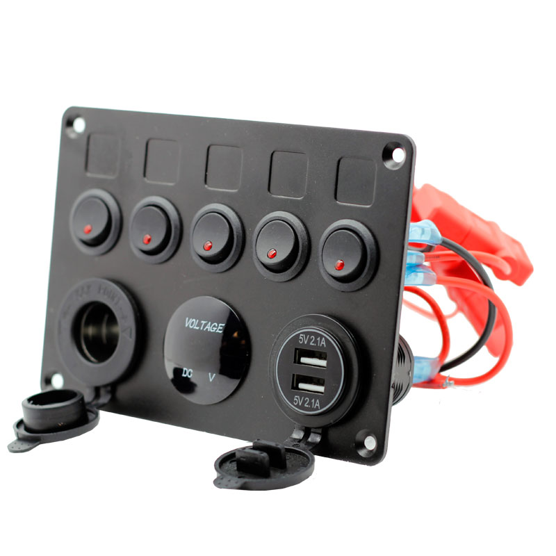 5 Gang Waterproof Boat Marine Rocker Switch Panel with Digital Voltmeter & 3.1A Dual USB